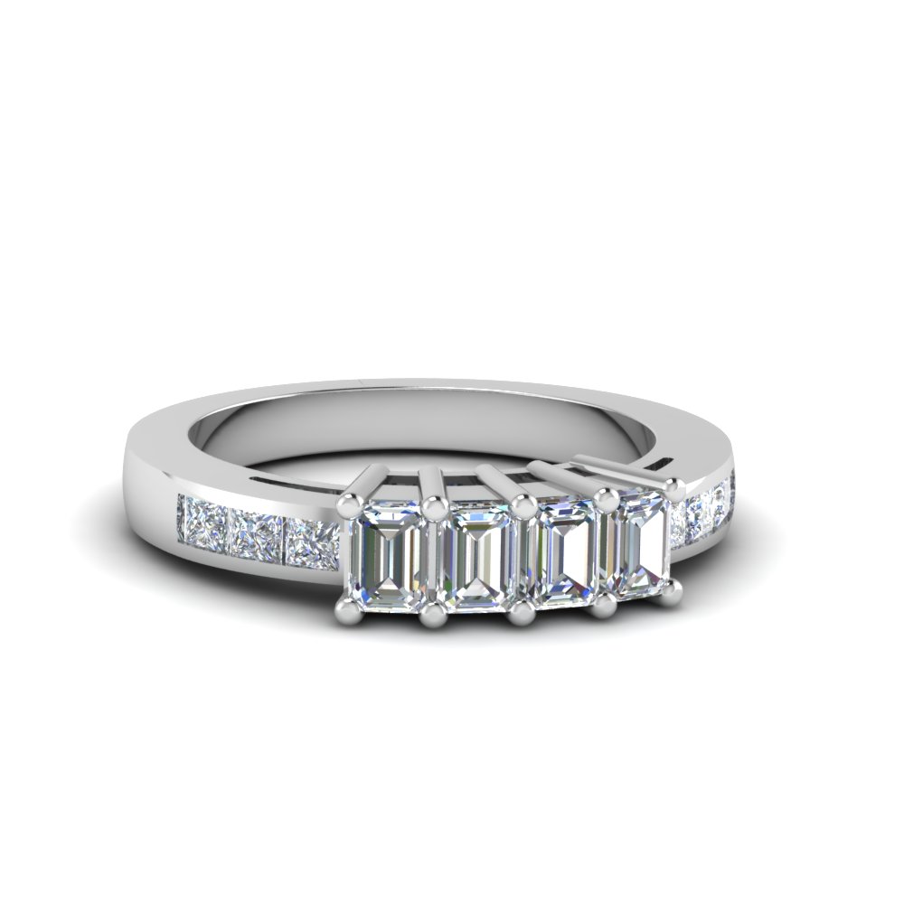 Round Diamond Channel Wedding Band With Emerald In 14K