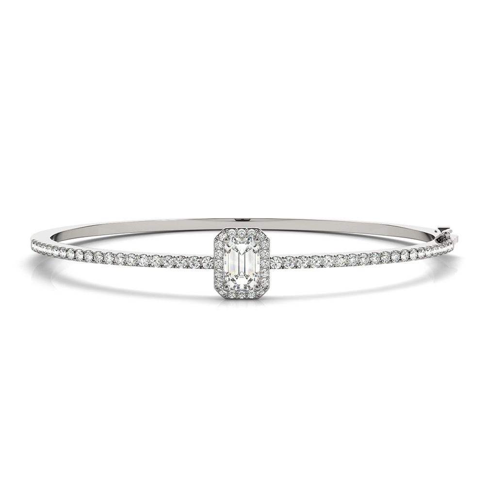 Emerald Cut Halo Diamond Bangle Bracelet In 18K Rose Gold | Fascinating