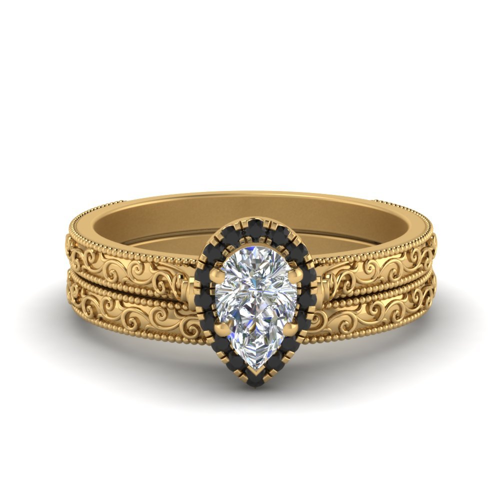 fd_hand engraved pear shaped halo wedding ring set with black diamond in yellow gold FD8588PEGBLACK NL YG