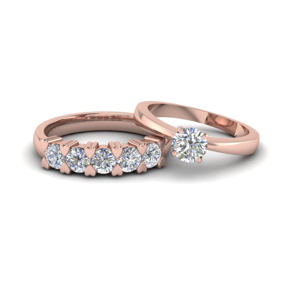 Round Cut Diamond Solitaire Ring With Matching 5 Stone Band In 14k Round Cut Solitaire Wedding Set