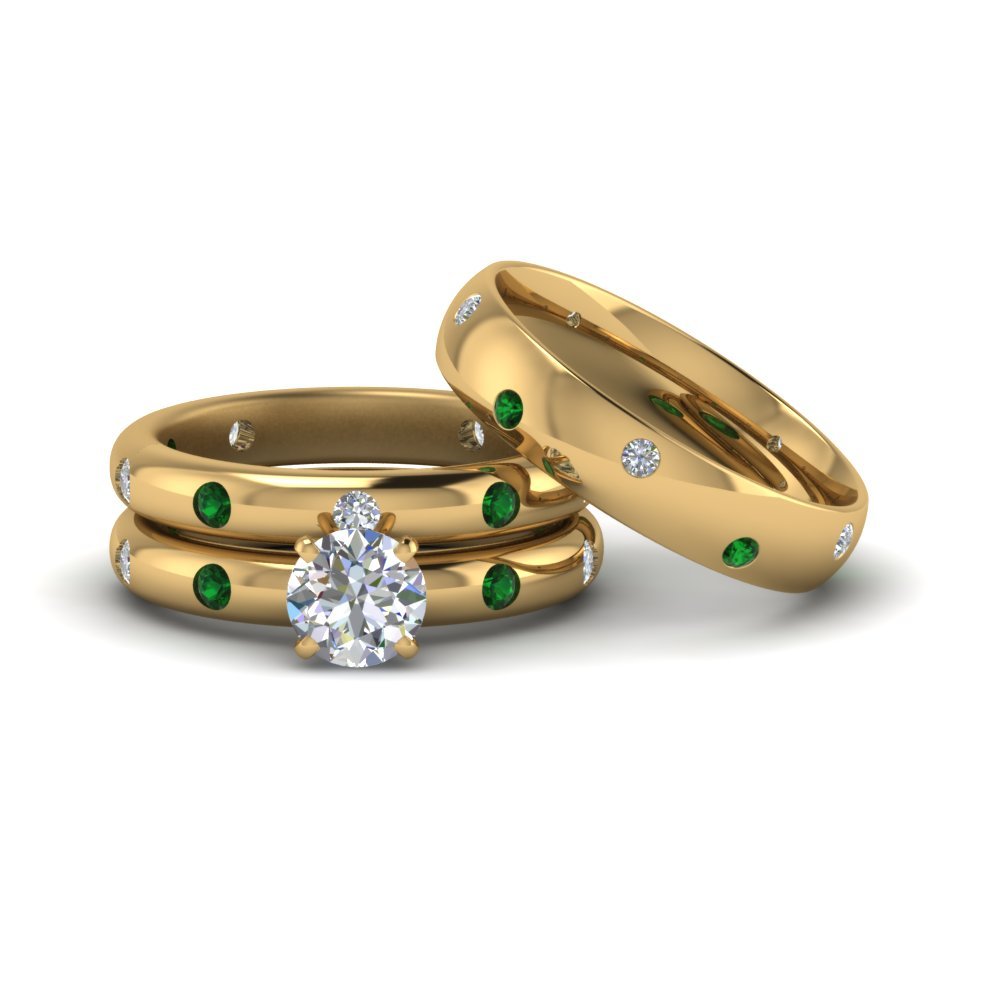 Flush Set Trio Matching Diamond Wedding Rings For S With Yellow Gold Wedding Rings For S