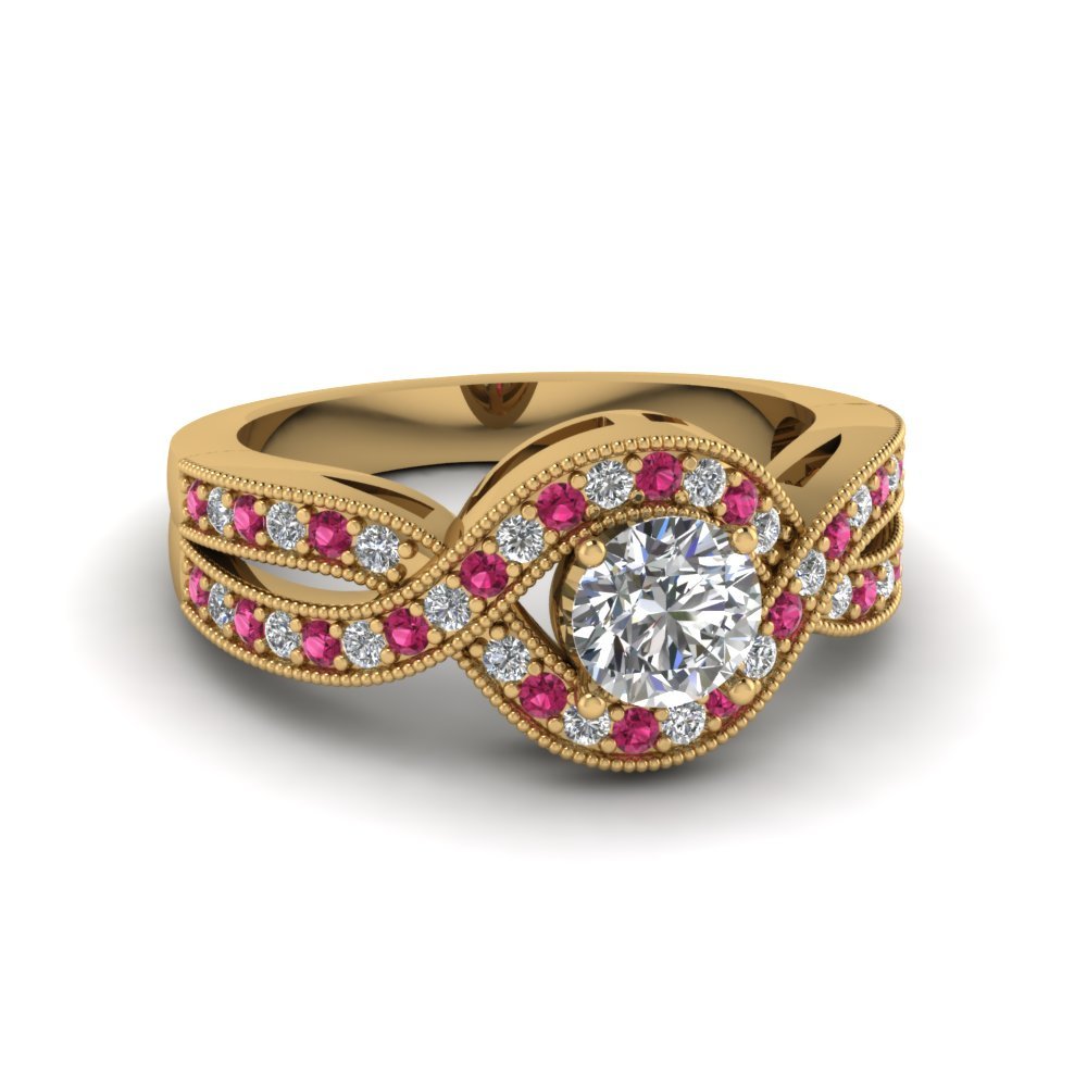 fd_round cut milgrain pave diamond split shank engagement ring with pink sapphire in 14K yellow gold FDENR8304RORGSADRPI NL YG