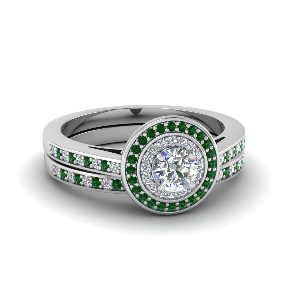 Round Cut Pave Double Halo Diamond Wedding Ring Set With Pink Emerald Double Halo Wedding Set