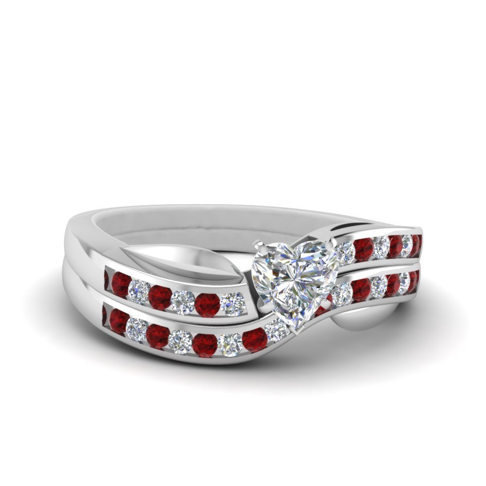 Petal Channel Set Asscher Diamond Wedding Ring Set With Ruby In 14K ...