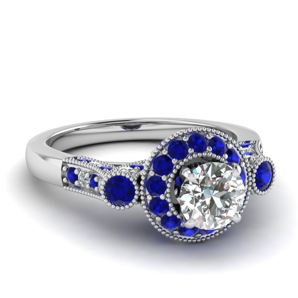 Antique Halo Blue Sapphire White Gold Engagement Ring